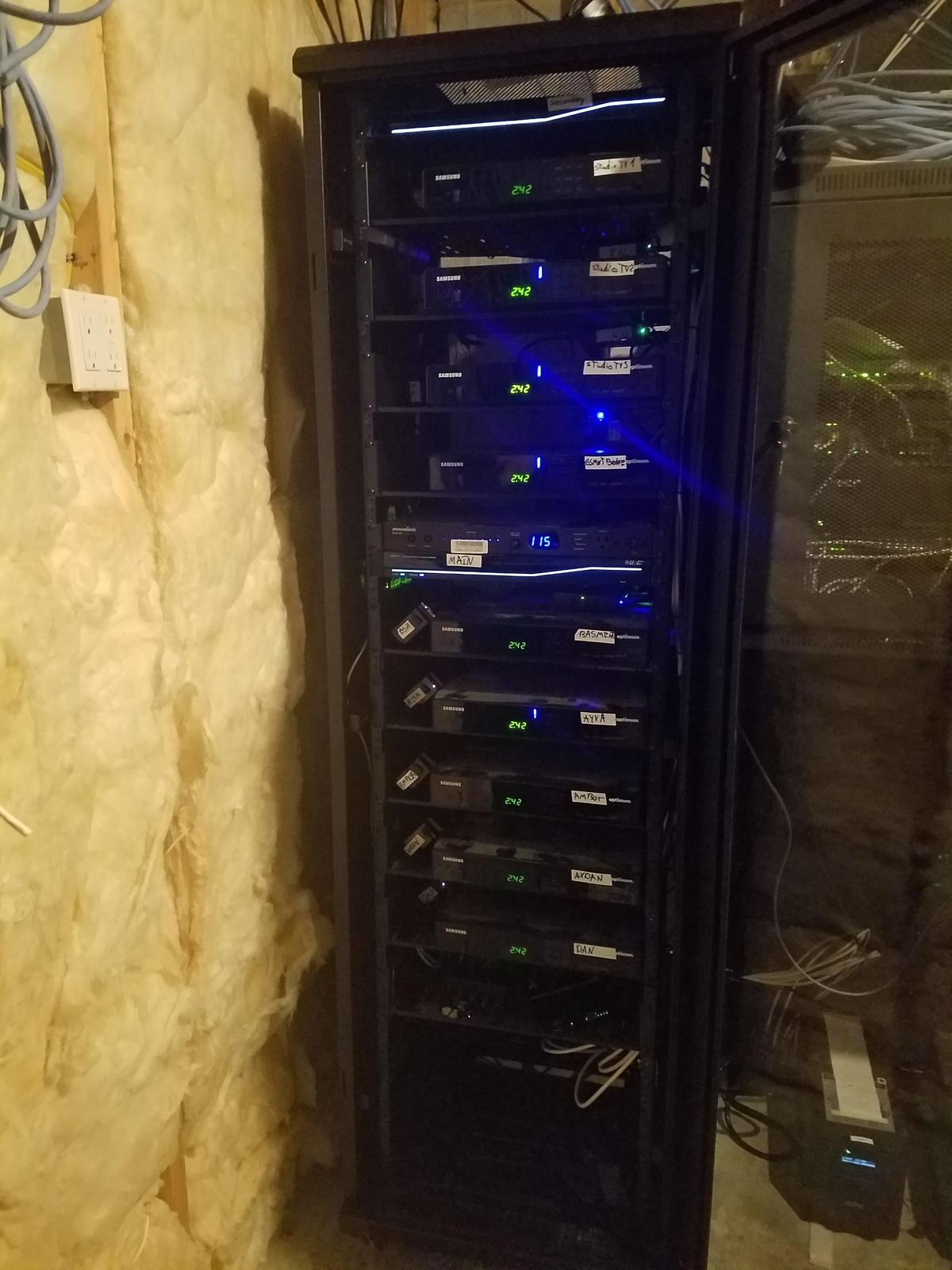 Equipment rack with labeled sources for every room