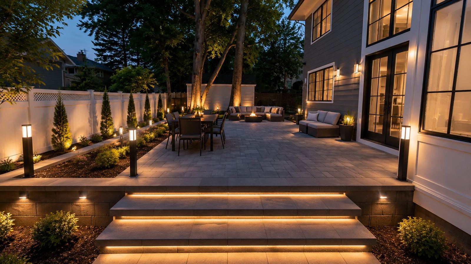 Design rendering of the patio at night with step and landscape lighting